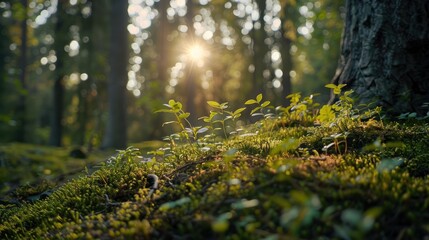 Wall Mural - Sunlight filters through trees illuminating young plants on forest floor, creating a serene natural atmosphere