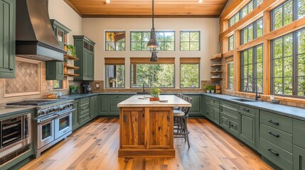 Poster - Green kitchen cabinets, island, wood floors, large windows, forest view, home design