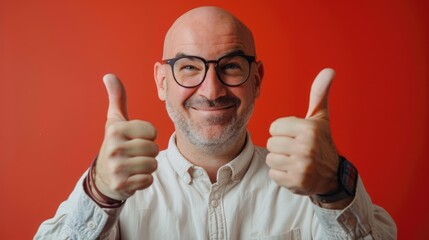 Wall Mural - Happy man giving thumbs up against a vibrant red background, showcasing positivity and confidence