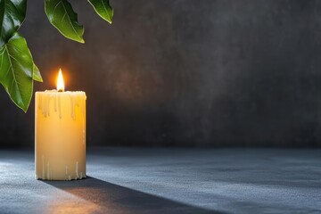 Fototapete - Lit candle with green leaf on a wooden surface creating a peaceful and serene atmosphere