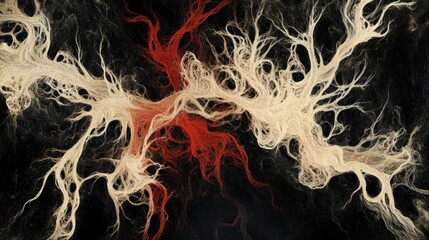 Abstract art of beige and red fractal veins on black background.