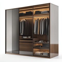 Freestanding wardrobe with mirrored doors and integrated shelving enhances modern bedroom organization