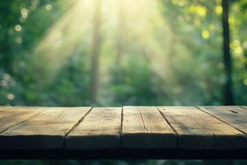 Poster - Wooden table outdoors with sunlight filtering through trees creating dappled light patterns