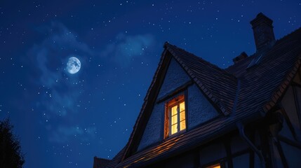 Wall Mural - Cozy night scene featuring a charming house under a starry sky with a bright moon illuminating the surroundings