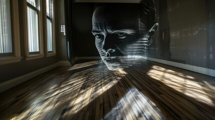 Wall Mural - A modern interior featuring a striking light projection of a contemplative face on the wall, with wooden floors