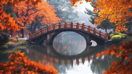 Poster - Autumnal arch bridge reflected in tranquil pond, vibrant foliage framing scene.