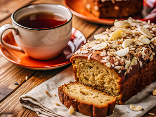 Wall Mural - Tasty homemade banana and coconut bread cake with a cup of tea. Delicious dessert food background 