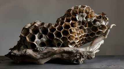 Poster - Artistic wooden sculpture resembling a honeycomb structure with intricate details and a natural aesthetic