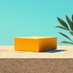 Fototapete - Minimalist Still Life Composition with Yellow Block and Tropical Plants on Soft Blue Background