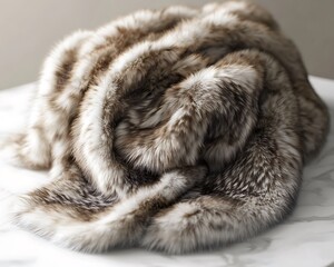 elegant fur stole draped over a white marble surface with gentle lighting enhancing its luxurious te