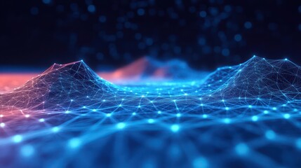 Fototapete - Futuristic 3D Wireframe Landscape with Neon Blue Lights Abstract Art
