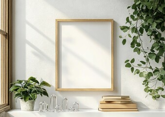 Aufkleber - Minimalist Scandinavian Interior Scene with Wooden Frame Books Green Plants Crystals on Shelf