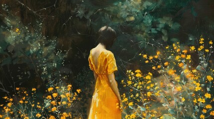 Wall Mural - A woman in a yellow dress stands amidst vibrant wildflowers in a lush green garden, evoking tranquility and beauty