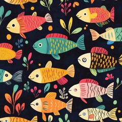 colorful folk art painting of modern fish patterns for decoration bright underwater scene abstract d