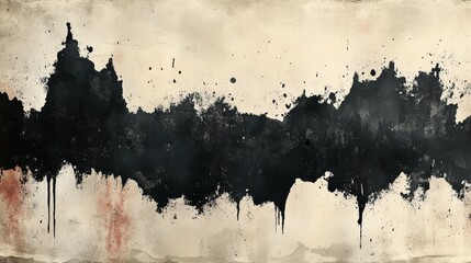 Aufkleber - Abstract Black Paint Splash on a Textured Wall: A Study in Contrast, Imperfection, and Raw Artistic Expression in Off-White and Shades of Black