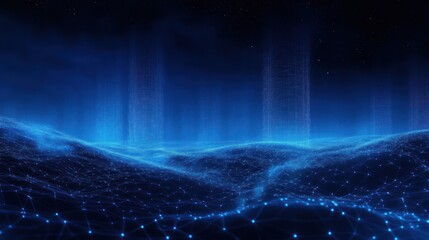 Fototapete - Futuristic Abstract Blue Wave Network Visualization with Glowing Particles and Cyberpunk Aesthetics
