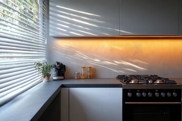 Aufkleber - Modern Scandinavian Kitchen with Sleek Gas Stove and Gray Countertop
