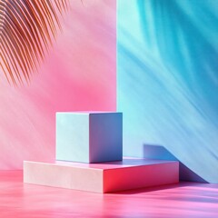 Leinwandbilder - Minimalistic Geometric Cubes on Vibrant Pastel Background with Soft Lighting