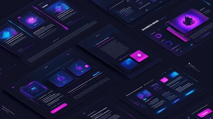 Dark Mode Interface Mockup with Neon Accents for App Design and Website Presentation