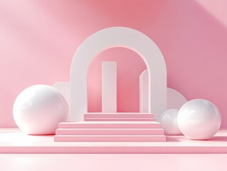 Aufkleber - Minimalist 3D Composition Geometric Shapes White Pink Display Advertising Mockup