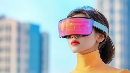Aufkleber - Woman using virtual reality headset in a modern indoor setting with engaging digital graphics