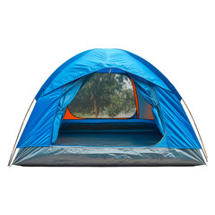 a blue color outdoor camping tent isolated on transparent background