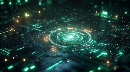 Poster - Circuitry Illumination: A Glimpse into the Heart of Technology - Detailed View of a Green Illuminated Motherboard, Representing Innovation and High-Tech Systems.