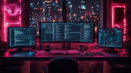 Aufkleber - Cyberpunk Developer's Desk: Coding in the Neon Night, Illuminated Monitors Displaying Complex Code, Against a Backdrop of a Sparkling Cityscape at Night, and the Glow of the Neon Lights.