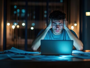 Aufkleber - Man sitting at a table working on a laptop in a modern indoor setting with natural light