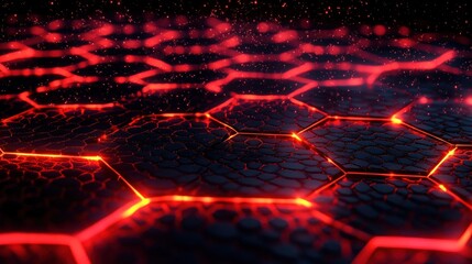 Leinwandbilder - Futuristic Red Hexagonal Mesh Background Dynamic Glow Fire Abstract Waves 3D Visualization