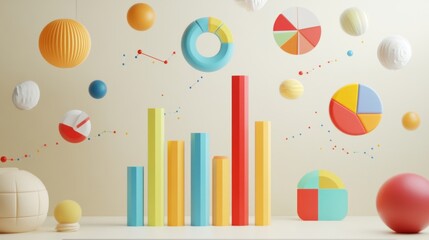 Aufkleber - D bars and pie chart graphics in vivid colors, floating in space against a neutral backdrop for a visually impactful design