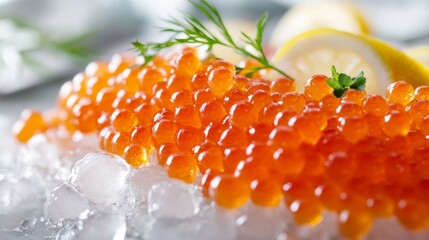 Wall Mural - An artistic representation of salmon roe served on a bed of ice, garnished with lemon slices and fresh herbs, highlighting the luxurious side of seafood cuisine