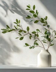 Poster - Minimalistic Still Life Composition with Green Leaves on White Pedestal for Product Presentation