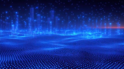 Poster - Futuristic Blue Wave Pattern in Digital Landscape with Neon Glow and Depth
