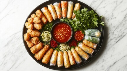 Wall Mural - A beautifully arranged platter of assorted Thai spring rolls, including fresh and fried varieties, served with sweet chili sauce and garnished with herbs