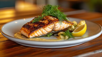 Wall Mural - A beautifully plated dish of seared salmon fillet with a crispy skin, garnished with fresh dill and lemon wedges, served on a rustic wooden table