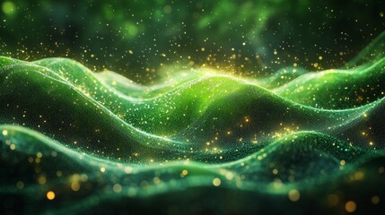 Leinwandbilder - Emerald Landscape: Abstract Green Waves with Golden Lights, A Mesmerizing Display of Digital Art and Fluid Motion, Creating a Dreamlike Scenery of Shimmering Particles.
