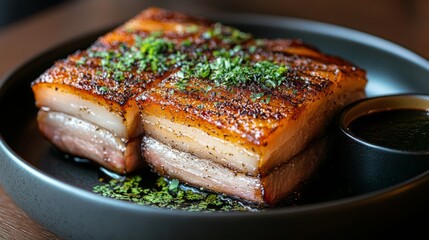 Wall Mural - A beautiful close-up of roasted pork belly served on a plate, garnished with herbs and accompanied by a dipping sauce, highlighting its rich texture