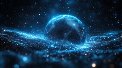 Poster - Ethereal Blue Orb: A Nebula of Stardust and Energy Emanating from a Digital World, Cosmic Sphere Floating on a Bed of Shimmering Particles and Glowing Light.