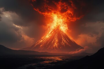 Wall Mural - volcano erupts in the sky with a dark cloud in the background