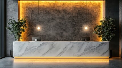 Wall Mural - Modern marble reception desk in lobby, city view (1)