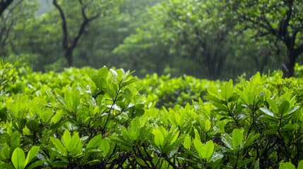 Poster - A close-up of mangrove leaves with water droplets, capturing the details of their texture and color against the backdrop of the forest
