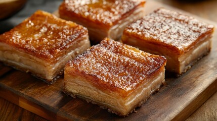 Wall Mural - A close-up of perfectly cooked crispy pork belly, with golden-brown skin and succulent layers of meat, beautifully arranged on a rustic wooden cutting board