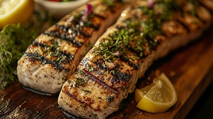 Wall Mural - A close-up shot of grilled fish fillets seasoned with herbs and spices, served on a wooden board alongside fresh vegetables and a wedge of lemon