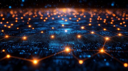 Fototapete - Futuristic Digital Network: Interconnected Nodes on a Data Grid with Glowing Connections, Illustrating Global Communication and Technological Advancement.