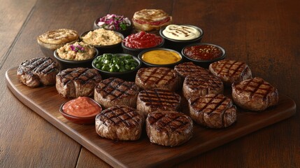 Wall Mural - A delicious platter of assorted grilled steaks served with a variety of dipping sauces, highlighting the diverse flavors and cuts of meat available