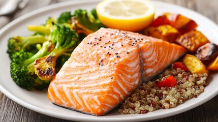 Wall Mural - A delicious salmon dish presented with a side of roasted vegetables and quinoa, drizzled with a tangy lemon sauce, highlighting a healthy meal option