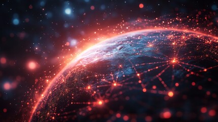 Aufkleber - Global Connectivity: A Network of Red Lights on Earth Illuminating the Night Sky, Depicting Technology, Data, and International Communication