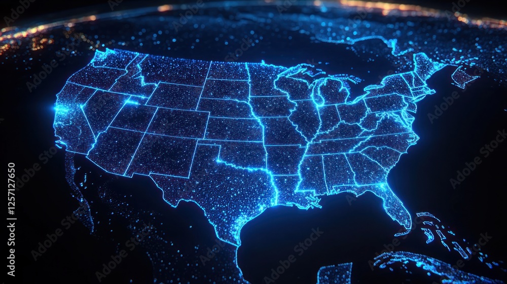 Futuristic Digital Map of the United States with Neon State Borders and