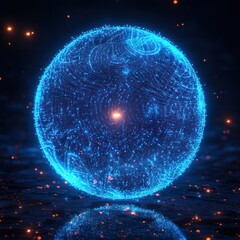 Poster - Glowing Blue Sphere with Twisted Lines and Particles in Cyberpunk Style
